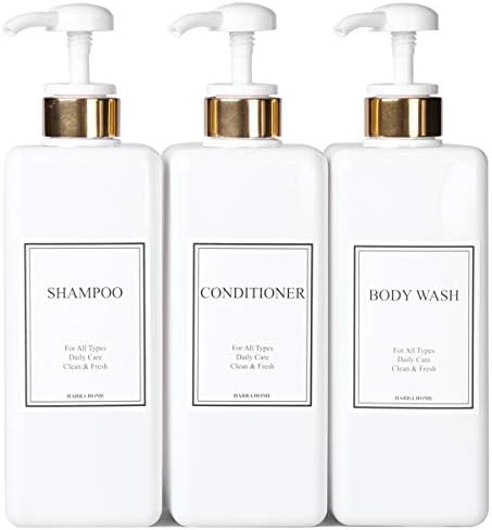 HARRA HOME Modern Gold Design Pump Bottle Set 27 oz Refillable Shampoo and Conditioner Dispenser Empty Shower Plastic Bottles with Pump for Bathroom Lotion Body wash Massage Oils, Pack of 3 (White)