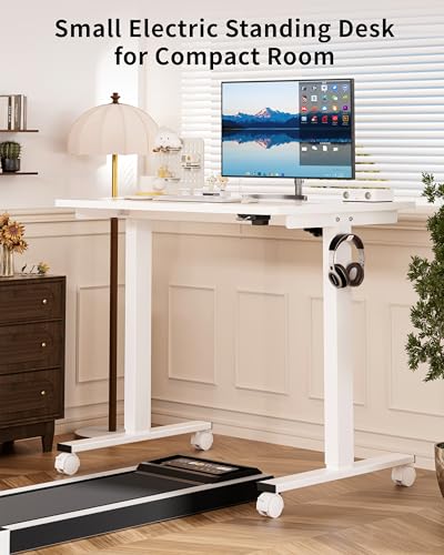 Image of Okin Small Electric Standing Desk, 36 inch x 24 inch Whole Piece Height Adjustable Desk, White Sit to Stand Computer Workstation with Wheels for Home Office