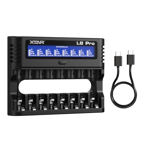 XTAR L8 Pro Chargeur intelligent 8 compartiments pour AA/AAA 1,2 V NiMH et 1,5 V Li-Ion, USB-C avec écran LCD, 8 baies individuelles avec fonction de...