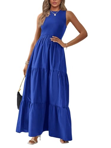 BTFBM Women Sleeveless Summer Dresses Wedding Guest Maxi Dresses Ribbed Knit Tops and Polyester Skirt with Pockets(Solid Blue,Large)