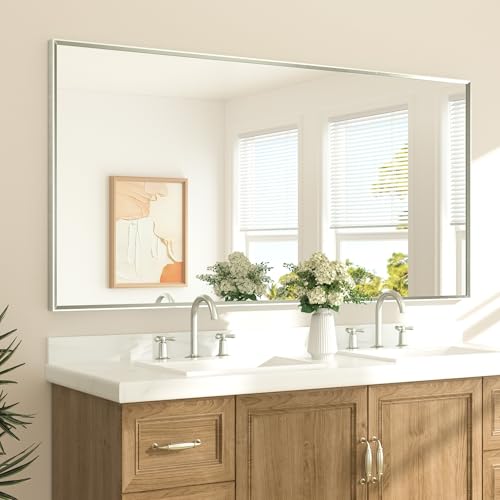 TETOTE Brushed Nickel Vanity Mirror for Bathroom 72 x 36 Beveled Frame Rectangle Bathroom Mirror for Over Sink Brushed Nickel Tempered Glass Stronger Frame Modern Farmhouse Bedroom Entryway