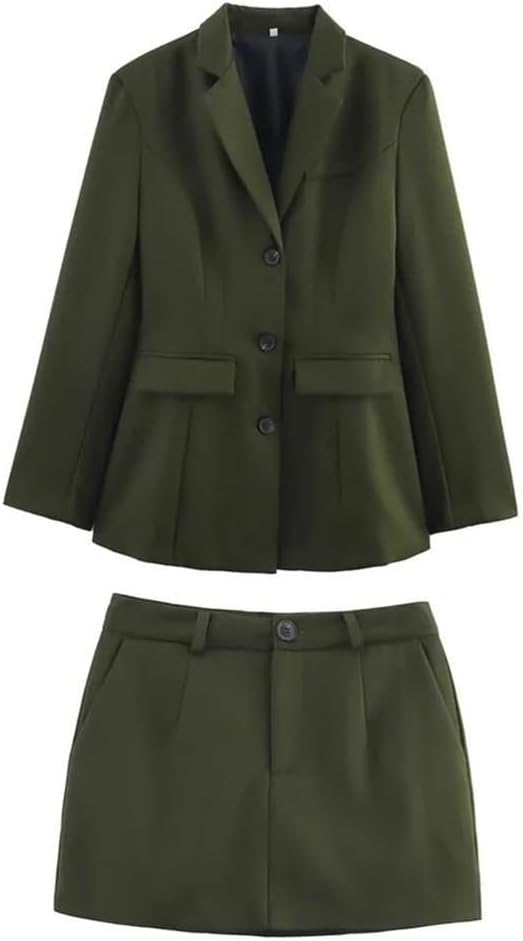Women's Casual Suit Jacket with Lapel Buttons and Short Skirt 2 Piece Set for Spring Summer