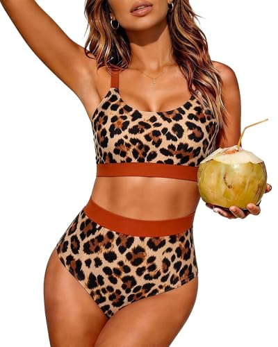 Image of Womens High Waisted Bikini Sets Sporty Crop Top Color Block Swimwear Bandeau Scoop Neck Vintage Two Piece Bathing Suits