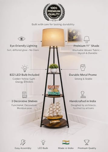 Image of Tripod Floor Lamp with 3 Circle Shape Shelves, Beige Jute Shade, Metal Corner Floor Lamp, for Decoration and Gifting (Pack of 1)