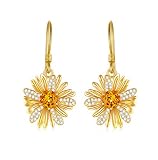 You Are My Sunshine-10K 14K Yellow Gold Flower Earrings, Bee Earrings, Sun Earrings Hoop Drop Dangle