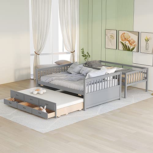 Merax Twin Over Full Bunk Bed With Twin Size Trundle And 3 Storage Drawers, Solid Wood Bunk Bed Frame With Ladder, Grey #TOP3