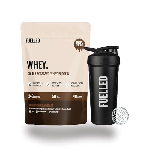 Image of Fuelled Whey Protein Powder Concentrate & Isolate with 24 g Protein, 5 g BCAA (1 kg, 30 Servings) Lab Tested with Plastic Shaker (Midnight Chocolate Shake)