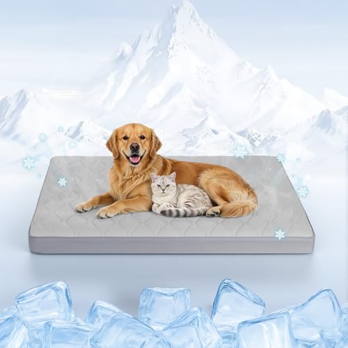 Tivray Q- Max>0, 4 Kühl- Hundebett, 44″ x 32″, orthopädisches Hundebett in Großgröße, wasserdichte, selbstkühlende Haustiermatte für den Sommer mit abnehmbarem, waschbarem Bezug, ohne Gel, Grau