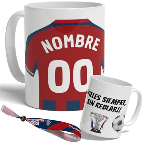DEREGALOOS. Taza Personalizada Estilo Fútbol. Taza con Nombre y Número. Regalo Original para Aficionados.Fútbol Niños y Adultos. Pulsera de regalo. Diseño Inspirado en la 2ª División Huesca