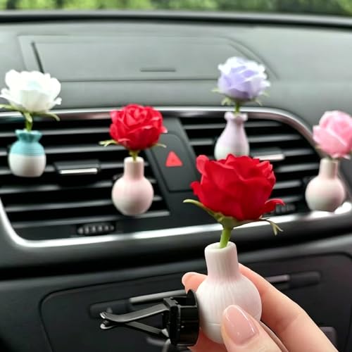 Image of Set of 4 Cute Flower Bouquet Car Air Freshener Vent Clips, Mini Artificial Flowers for Car Air Vent Decoration, Auto Interior Dashboard Ornament Accessories (Rose)