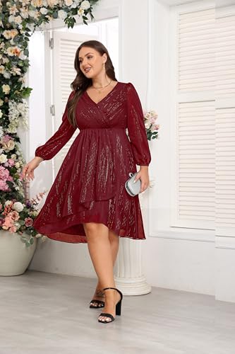Image of Plus Size Wedding Guest Dress - Formal Long Sleeve A Line V Neck Midi Dress | Formal fall wedding guest dress, A-line pleated midi style with long sleeves & V-neck for curvy women.