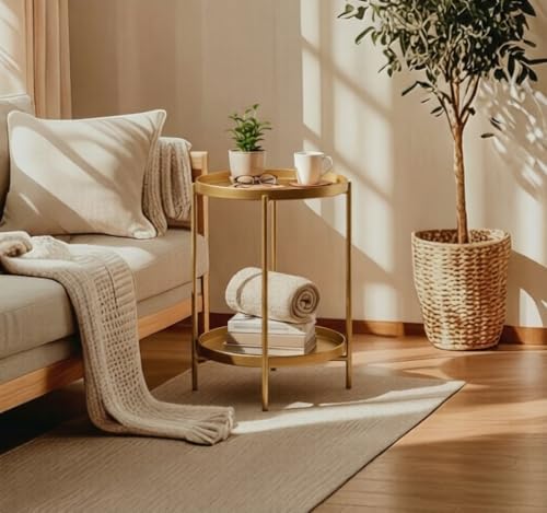 TeoKJ 2 Tier Gold Side Table, Folding Round Metal End Table Small Nightstand with Two Removable Tray for Living Room,Nursery, Small Spaces Bedside Gold by TeoKJ - Image 6