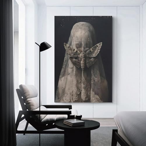 Veiled Woman Moth Gothic Canvas Printing Wall Art Prints Posters Wall Decor Dark Academia Witchy Aesthetic Occult Moody Portrait For Living Room Bedroom Home Office Study 12x18inch(30x45cm) by Generic - Used condition - Image 3