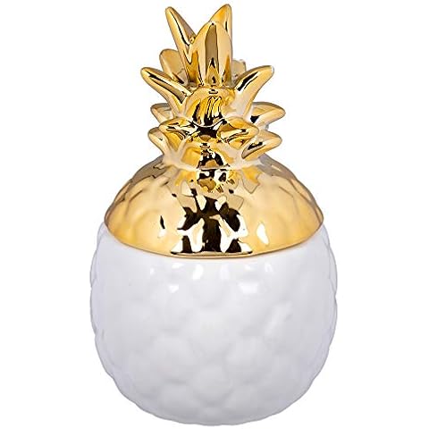 Truu Design Small Adorable Novelty Pineapple Design Ceramic Jewelry Storage Jar, Jewelry Organizer, 3.25 x 5.5 inches, White, Gold Cover