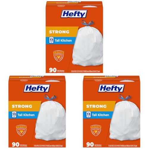 Image of Hefty Strong 13G Tall Kitchen Trash Bags, White, Unscented, 90 Count (Pack of 3)