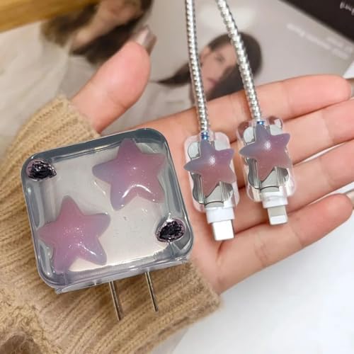 Image of Cable Protector with 3D Cute Pattern for iPhone Charger only 18W & 20W, Data Charging Cable Wire Saver Protective Cable Cover Full Protection Cable Sleeve (3d Pink star)