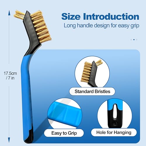 Image of Mini Wire Brush Set 6Pcs - Nylon /Brass /Stainless Steel Bristles with Curved Handle Grip for Rust, Dirt & Paint Scrubbing with Deep Cleaning