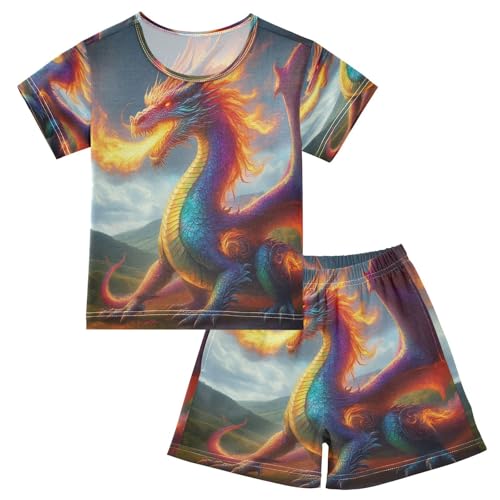 Pajama Sets Short Sleeve Dragon Breathes Fire Artwork Soft Cotton Summer Sleepwear 2 Piece PJS Size 5-14T