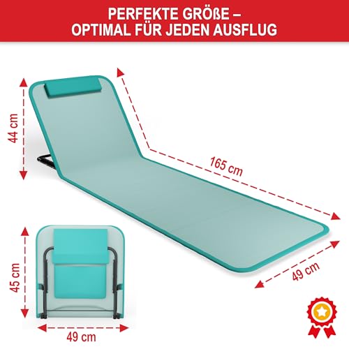 Onbest Bequeme Strandliege 165 cm lang - mit Verstellbarer Rückenlehne und Liegekissen – praktisches Staufach – Strandmatte klappbar – Leichter Transport – inkl. Tragetasche - Strandmatte (Türkis)