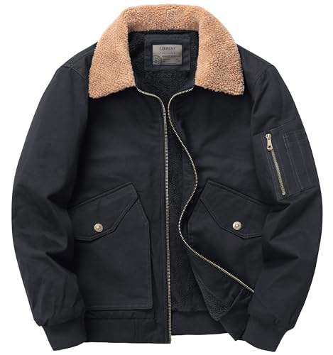 LOUECHY Men's Washed Cotton Military Jacket Sherpa Lined Utility Jacket Thick Warm Winter Jacket