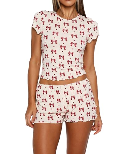Image of Lacozy Cute Pajamas for Women Set 2 Piece Short Sleeve Pjs Floral Graphic Crop Top Y2K Summer Sleepwear Lounge Set