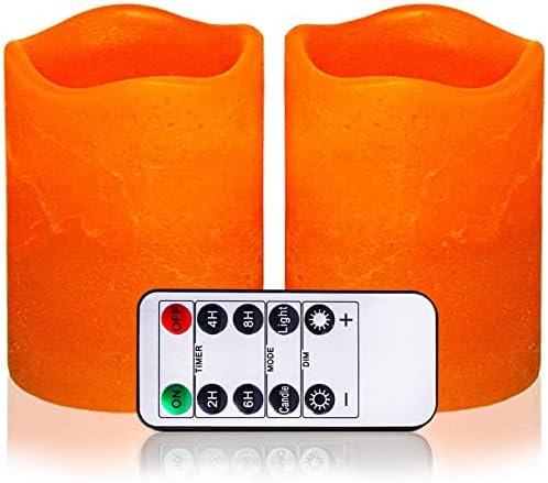 Orange Flameless Candles Battery Operated Candles with Remote,2 Pack Realistic Flickering LED Candles,Real Wax Electric Pillar Fake Candles Sets with Timer Control H 4" (D3, 2 Pack,Orange)
