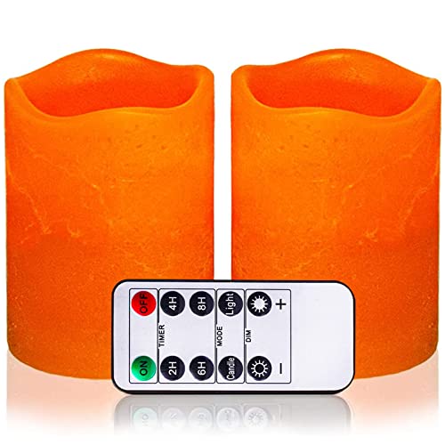 Orange Flameless Candles Battery Operated Candles With Remote,2 Pack Realistic Flickering Led Candles,Real Wax Electric Pillar Fake Candles Sets With Timer Control H 4" (D3, 2 Pack,Orange) #TOP2