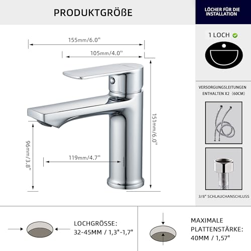 BELZ Wasserhahn Bad, Einhebel-badarmatur, Armatur Badezimmer, Mischbatterie Bad, Höhe 96 mm, Energiesparend Waschbeckenarmatur Einhebelmischer für Badezimmer,Chrom