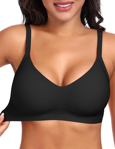 Ganado Bügelloser BHs für Damen, V-Ausschnitt, nahtlos, kabellos, Push-Up-BH, bequem, weiche Unterstützung, gepolsterte BHs für große Brüste, T-Shirt, Bralettes mit extra Verlängerung, Schwarz , L