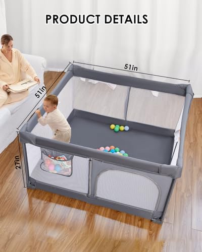 Image of Veraste Foldable Baby Playpen, 51 inchx51 inch Indoor & Outdoor Play Yard with Single-Joint Frame, Breathable Mesh, Non-Slip Base, Portable Playpen for Toddlers and Infants (Grey)