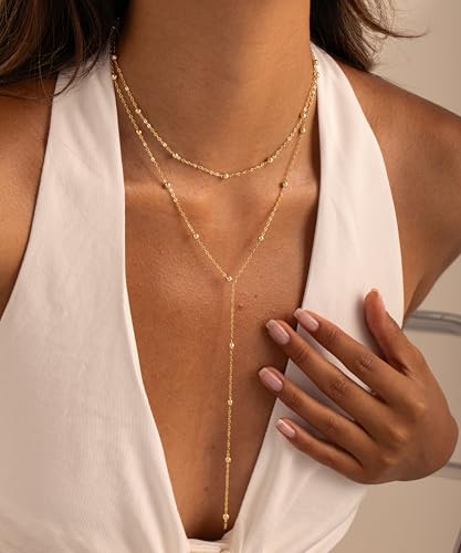 CHESKY Dainty Lariat Gold Necklace for Women, 14k Gold Plated/Silver Layered Long Necklaces Women Trendy Y-Shaped Pendant Necklaces Simple Beaded Drop Chain Necklace Jewelry Wedding3