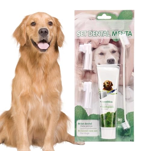 Cepillo De Dientes Y Pasta De Dientes Del Perro - Kit De Cuidado Oral De Mascotas | Cepillo De Dientes De 3 Cabezas Con Extractos De Plantas Naturales Comestibles Pasta De Dientes, Respiración