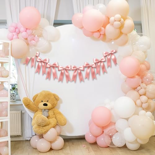 Image of 2 Strings of 16PCS Rose Gold Pink Bow Garlands Banner Decoration,Pre-Strung Satin Ornaments for Birthday,Bachelorette Party,Bridal Shower,Wedding,Engagement,Baby Shower,Graduation Decor,Anniversary