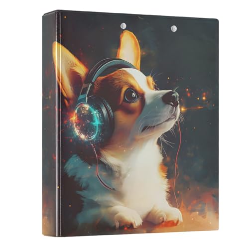 Image of 3 Ring Binder Corgi Wearing Headphones 1.5 inch Binders Three Ring Binders with Clipboard Fit 8.5'' x 11'' Paper 3 Interior PVC Clear Pockets for Office Supplies