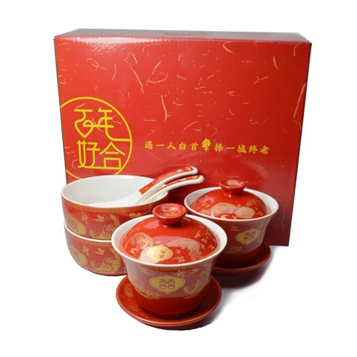 Image of Liang baobao Chinese Wedding Tea Gift Set Gaiwan Bowl Spoon Porcelain Tableware Dragon and Phoenix Double Happiness for Men Women Couple Wedding Party (6 /Set dragon phoenix double happiness)
