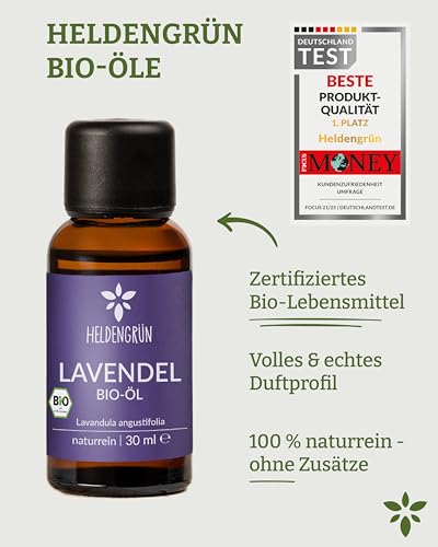 Heldengrün® BIO Lavendelöl [100% NATURREIN] Lavandula angustifolia - Echtes Lavendelöl: floral, frisch & voller Seele - Aromatherapie Lavendel - Ätherisches Öl