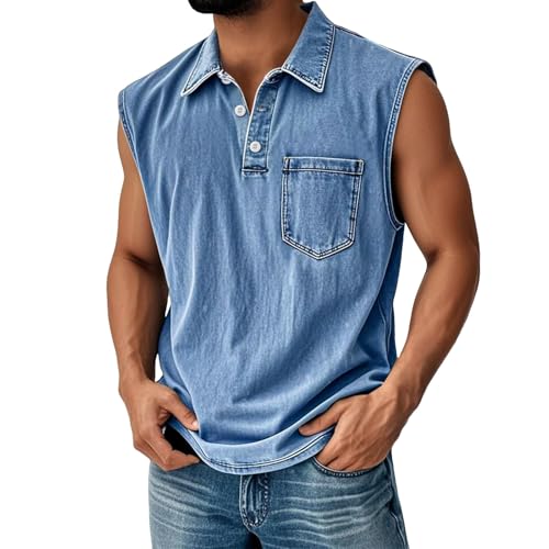 Débardeur sans manches col boutonné avec poche T-shirt vintage bleu