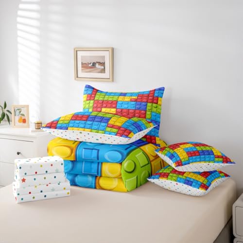Image of Feelyou Colorful Toy 7 Piece Bedding Set Teen Women Men Funny Building Blocks Decoration Comforter Set with Sheets King Size Kids Boys Colorful Geometric Brick Bed in a Bag Cute Games Room Decor