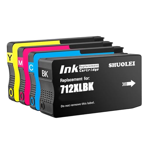 SHUOLEI 712XL High Yield Ink Compatible with HP 712 712XL Ink Cartridges Work with HP DesignJet T650 T630 T250 T230 T210 Printer Series (4-Pack,Black/Cyan/Magenta/Yellow)