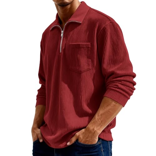 VLOYSR Pull Homme 1/4 Zip À Col Henry en Velours Côtelé Décontracté Sweatshirt À Col Zippé Rétro Manches Longues Automne Hiver Sweatshirt Homme Rouge XL – vue 4