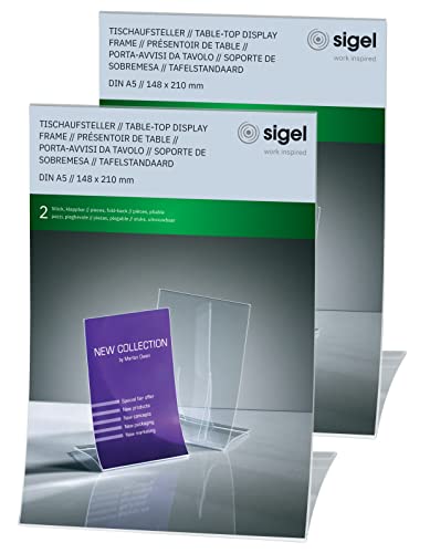 Sigel TA160 Tischaufsteller A4 schräg - bruchsicher - 2 Stück, platzsparend zusammenklappbar, geeignet für Messen, Hartplastik glasklar, Werbeaufsteller