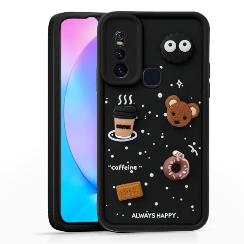 Image of Bintage Cute Fun Taddy Cartoon 3D Ball Bear Milk Donut Coffee Cup Silicon Case Full Body & Camera Protection Back Cover Compatible for Vivo V15 - Black