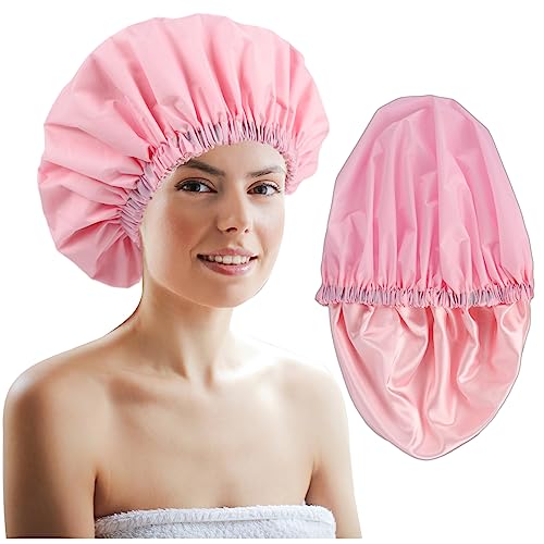 Adjustable Large Shower Cap For Women,Shower Cap For Long Hair,Hair Cap For Shower,Big Satin Lined Shower Caps For Women Reusable Waterproof,Shower Cap For Braids,Double Layer,Pink #TOP3