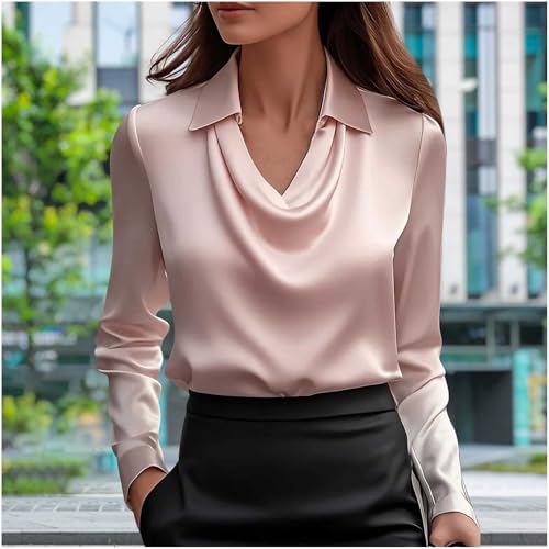 Women's Satin Silky Cowl Neck Drape Ruched Front Long Sleeve Blouse Shirt Top Casual Dressy Loose Clothing3