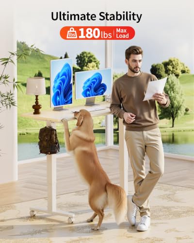 Image of Okin Standing Desk Electric Adjustable Computer Whole Piece Stand up Desk with Wheels Office Gaming Home Office Memory Desks 48x24 inches Cream Brown