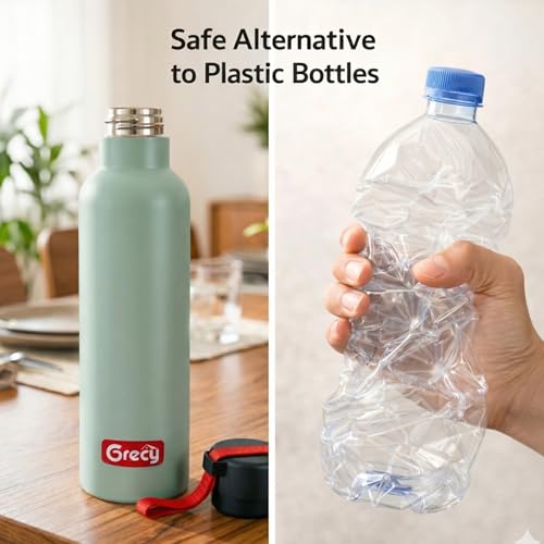 Image of GRECY Trim 800ml Stainless Steel Water Bottle Light Green | Single Wall BPA Free Leak Proof | Food Grade Steel | Rust Proof, Odour Free | Lightweight Carry Band | Made in India | Office, Gym, School