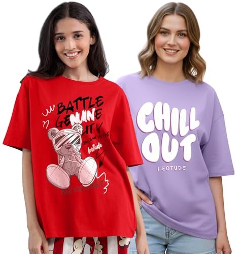 Image of LEOTUDE Half Sleeve Cottonblend Oversized Tshirt for Women, Round Neck Longline Printed Raglan Sleeve Colourblocked Drop Shoulder Baggie T-Shirt Top for Woman (Color Pink)