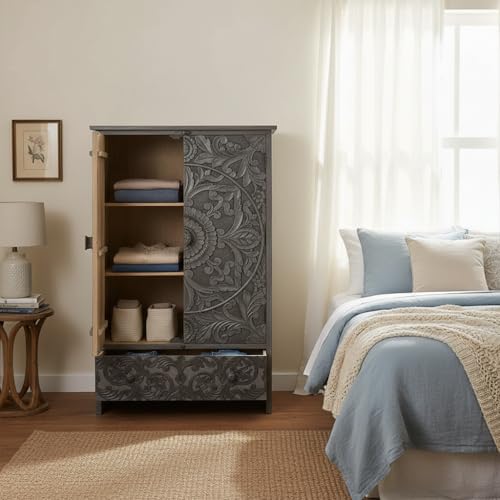 Image of APRODZ Wooden Wardrobe for Bedroom | Scolpito 2 Door Mango Wood Wardrobe with 1 Drawer | Space Saving Wardrobe for Storage, Clothes Cupboard & Wooden Almirah for Bedroom, Grey