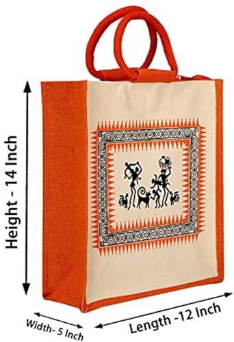 Image of Eco-Friendly Jute Bag | Printed Tiffin /Shopping /Reusable Hand Bag | With Zipper Pocket & Handle | For Men and Women (Orange)