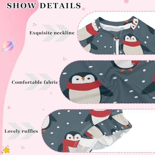 Cute Penguin and Snow Girls Long Sleeve Swimsuit Rash Guard One Piece Bathing Suits Zipper 3-12T4